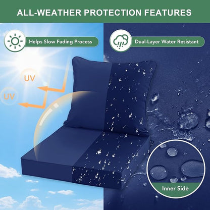 Summsun Patio Chair Cushion Set, 19 x 19 Inch, Navy, Set of 2 | Double-Sided Water Resistant, Removable Cover, Back Pillow & Seat Cushion, Tie Straps, Fit for Patio, Garden, Sofa Couch