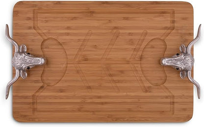 Arthur Court Designs Aluminum Longhorn Handle Bamboo Wood Carving/Cheese Board Large Tray for Serving Meats or Appetizer 20 inch x 13 inch