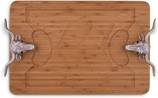 Arthur Court Designs Aluminum Longhorn Handle Bamboo Wood Carving/Cheese Board Large Tray for Serving Meats or Appetizer 20 inch x 13 inch