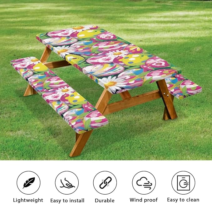 3 PCS Fitted Picnic Table Cover with Bench Cover Fitted Rectangle Tables and Seats Easter Egg Daisy Outdoor Picnic Table Cover for Camping