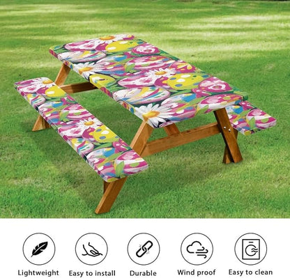 3 PCS Fitted Picnic Table Cover with Bench Cover Fitted Rectangle Tables and Seats Easter Egg Daisy Outdoor Picnic Table Cover for Camping
