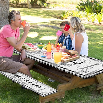 Picnic Table Cover with Bench Covers Elastic Edges, Farm Plaid Fitted Table Cover, Outdoor Patio Camping Essentials 96 Inch 3PCS, Waterproof Camping Fitted Tablecloth with Drawstring Bag