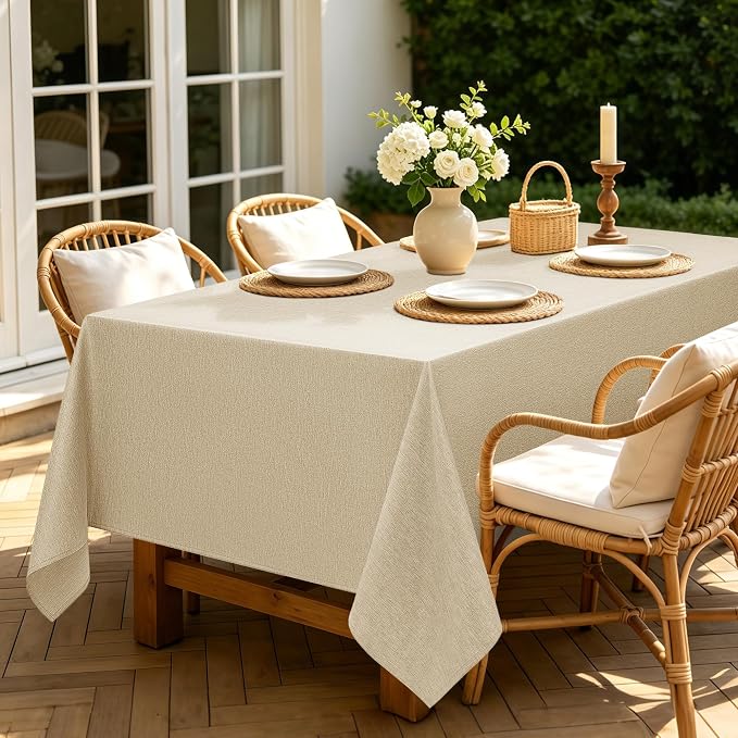 Decorelia Faux Linen Farmhouse Table Cloth 60"x120" for Rectangle Table, Beige Waterproof Outdoor Washable Cloth Tablecloth for Rectangular Dining Room Kitchen Outdoor Party Restaurant Decor