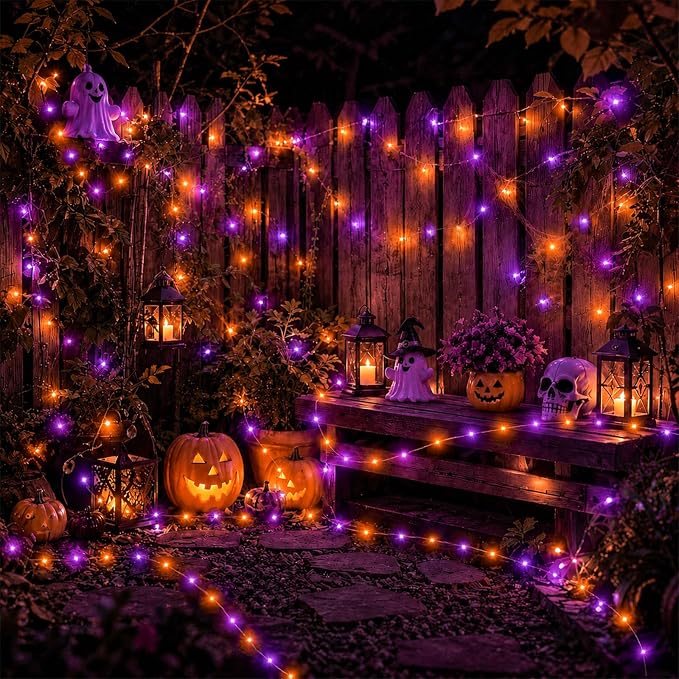 YEGUO 4 Pack Halloween Solar Fairy Lights, Each 33ft 100 LED Orange and Purple Christmas Lights Outdoor Waterproof, 8 Modes Sliver Wire Solar String Lights