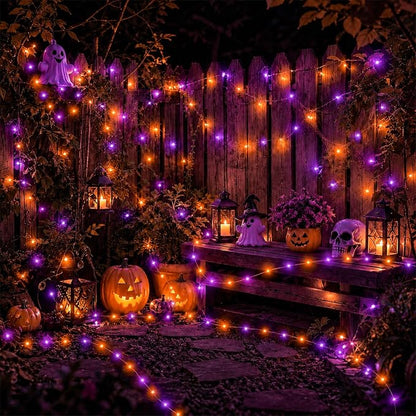 YEGUO 4 Pack Halloween Solar Fairy Lights, Each 33ft 100 LED Orange and Purple Christmas Lights Outdoor Waterproof, 8 Modes Sliver Wire Solar String Lights