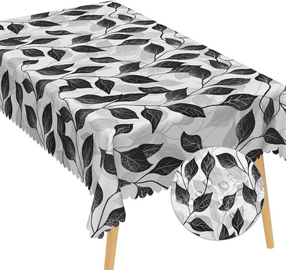 Black and White Leaves Tablecloth 60x84 Inch Rectangular Floral Plants farmhouse Table Cloth Kitchen Table Decoration for Home Dinner Party Waterproof Polyester Washable Tables Cover Oilproof