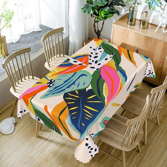 Multicolour Leaf Tablecloth 52x70 Inch Rectangular Abstract Boho Style Floral Tablecloths Polyester Vintage for Picnic Party Dinner Artistic Table Cover for Dining BBQ Picnic Coffee Table