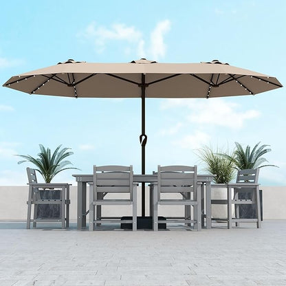Kingdura 13ft Large Patio Umbrella with Solar Lights, Double-Sided Rectangle Outdoor Table Umbrella with Base Included, 12 Reinforced Ribs, 48 Led Lights, Crank Lift for Market Pool Deck, Beige