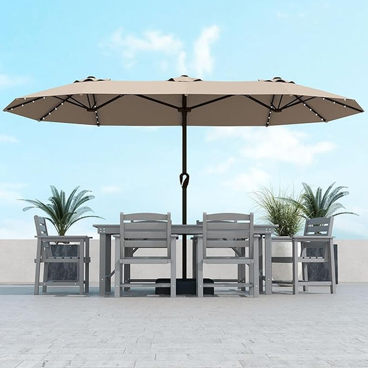 Kingdura 13ft Large Patio Umbrella with Solar Lights, Double-Sided Rectangle Outdoor Table Umbrella with Base Included, 12 Reinforced Ribs, 48 Led Lights, Crank Lift for Market Pool Deck, Beige
