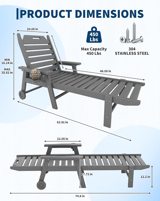 2 Pack HDPE Lounge Chair Outdoor with Cup Holder & 5-Position Backrest | All-Weather & Wood Textured for Patio Poolside Deck Backyard, Grey