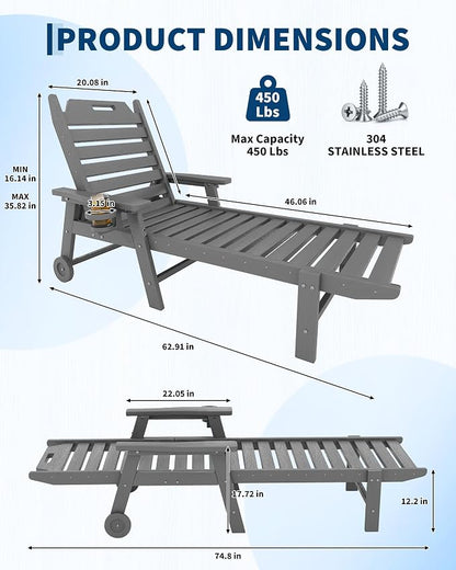 2 Pack HDPE Lounge Chair Outdoor with Cup Holder & 5-Position Backrest | All-Weather & Wood Textured for Patio Poolside Deck Backyard, Grey