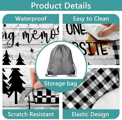 Picnic Table Cover with Bench Covers Elastic Edges, Camper Plaid Wooden Fitted Table Cover, Outdoor Patio Camping Essentials 60 Inch 3PCS, Waterproof Camping Fitted Tablecloth with Drawstring Bag