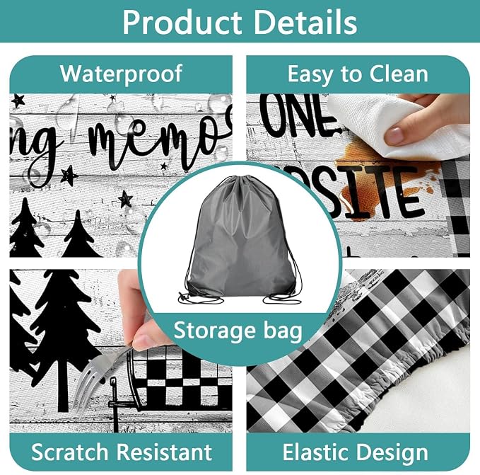 Picnic Table Cover with Bench Covers Elastic Edges, Camper Plaid Wooden Fitted Table Cover, Outdoor Patio Camping Essentials 96 Inch 3PCS, Waterproof Camping Fitted Tablecloth with Drawstring Bag