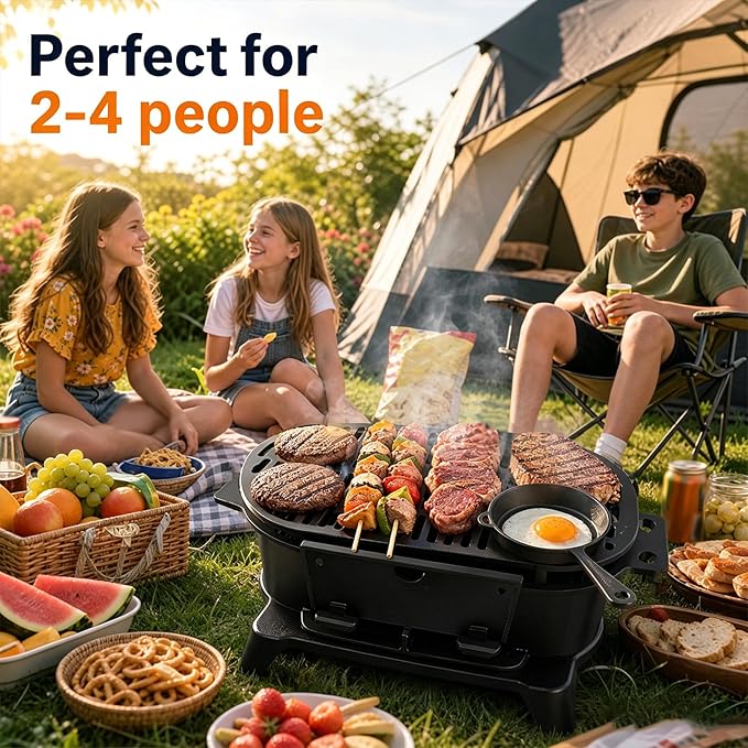 Cast Iron Hibachi Grill Outdoor, Japanese Yakitori Grill for Camping, Small Portable Charcoal Hibachi Grills, Cast Iron, with Double-Sided Grate, for Indoor Outdoor BBQ (1, Built-in handle)