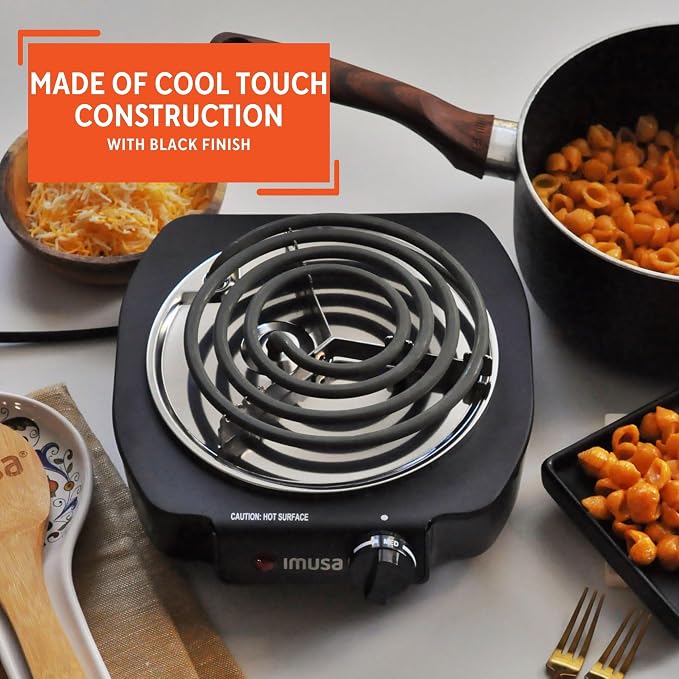 IMUSA USA GAU-80305 Electric Single Burner 1100-Watts, Black | Matte Finish, Adjustable Temperature Control, Power Indicator Light, Portable for Dorms, Offices, And Travel