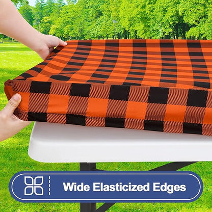 Smiry Picnic Table Cloth 2 Pack, Waterproof Elastic Fitted Tablecloths for 8FT Rectangle Tables, Washable Polyester Buffalo Plaid Tablecloth for Camping, Dining & Outdoor (Black & Orange, 30" x 96")