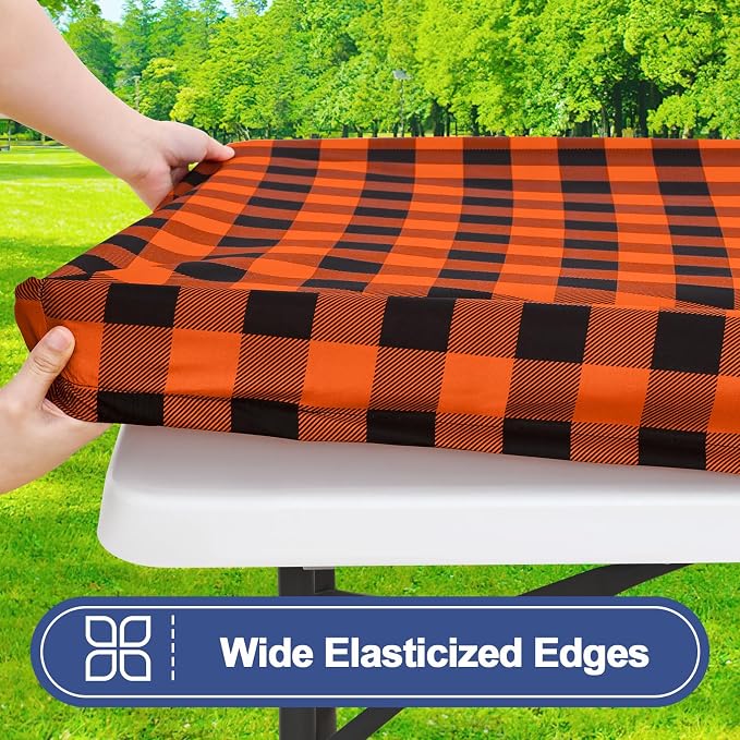 Smiry Picnic Table Cloth 2 Pack, Waterproof Elastic Fitted Tablecloths for 6FT Rectangle Tables, Washable Polyester Buffalo Plaid Tablecloth for Camping, Dining & Outdoor (Black & Orange, 30" x 72")