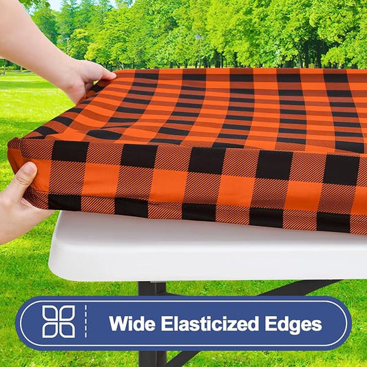 Smiry Picnic Table Cloth 2 Pack, Waterproof Elastic Fitted Tablecloths for 6FT Rectangle Tables, Washable Polyester Buffalo Plaid Tablecloth for Camping, Dining & Outdoor (Black & Orange, 30" x 72")