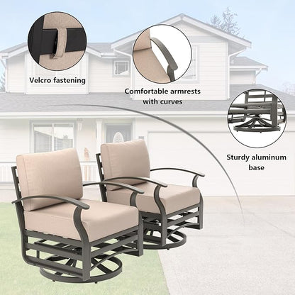 ALAULM 3 Piece Aluminum Outdoor Swivel Armchairs High Back Metal Swivel Rocking Chairs with 5.1" Sponge Cushions &1 Coffee Table for Patio, Porch, Backyards, Garden(Sand)