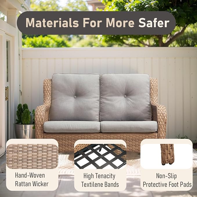 Outdoor Loveseat Sofa-2 Seater Rattan Wicker Patio Couch High Back Patio Sofa for Porch Deck Backyard-Yellow/Beige