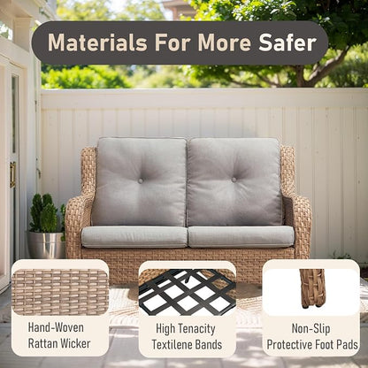 Outdoor Loveseat Sofa-2 Seater Rattan Wicker Patio Couch High Back Patio Sofa for Porch Deck Backyard-Yellow/Beige