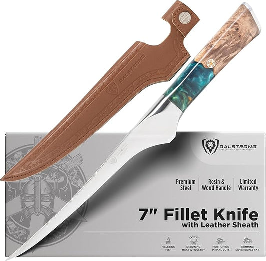 Dalstrong Valhalla 7" Fillet Knife — Flexible High-Carbon Blade (8–12° Edge), Unique Wood Resin Handle - For Filleting Fish, Deboning Proteins, Trimming Silverskin — Leather Sheath, Customer Support