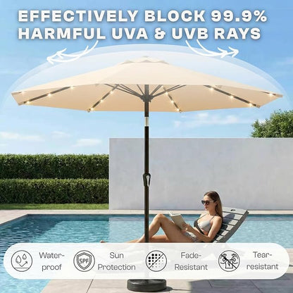 10FT Solar Lighted Patio Umbrella, Outdoor Table Market Umbrellas with Push Button Tilt and Crank, 32 LED Lights, 8 Sturdy Ribs, UV-Resistant for Deck, Garden, Pool