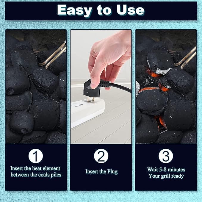 Electric Charcoal Fire Starter Lighter – BBQ Grill Fire Starters for Fireplace Campfires Coal Quick Ignite Briquettes |No Sparks or Flames | 304 Stainless Steel Coils Elements 5ft Long Cable Cord 600W