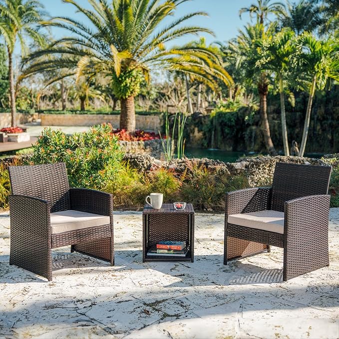 Nestl Wicker Patio Furniture Set - 3 Piece Bistro Table and Chairs Set of 2, Front Porch Furniture Set, Patio Chairs Set of 2, Outdoor Patio Set, Patio Conversation Sets (Brown/Beige)