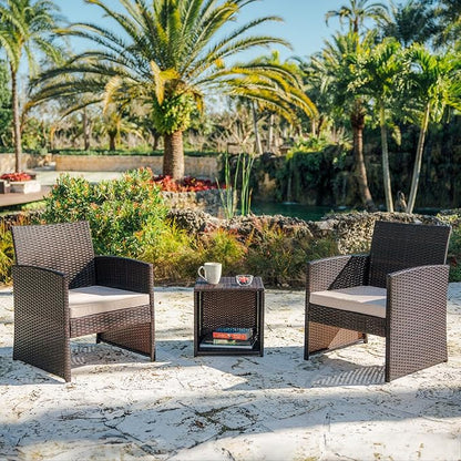 Nestl Wicker Patio Furniture Set - 3 Piece Bistro Table and Chairs Set of 2, Front Porch Furniture Set, Patio Chairs Set of 2, Outdoor Patio Set, Patio Conversation Sets (Brown/Beige)