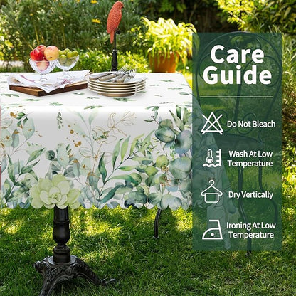 Summer Floral Rectangular Tablecloth 55"x102" – Green Eucalyptus and Flower Design, Fabric Waterproof Table Cloth for Dining, Kitchen, Outdoor BBQ and Picnic Party Decor