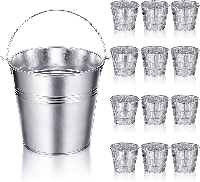 Patelai Drip Grease Bucket Can with 12 Pieces Disposable Foil Pads Grills Bucket Pads Wood Pellet Grills Replacement for Camp Wood Pellet Grill BBQ Accessories (Silver)