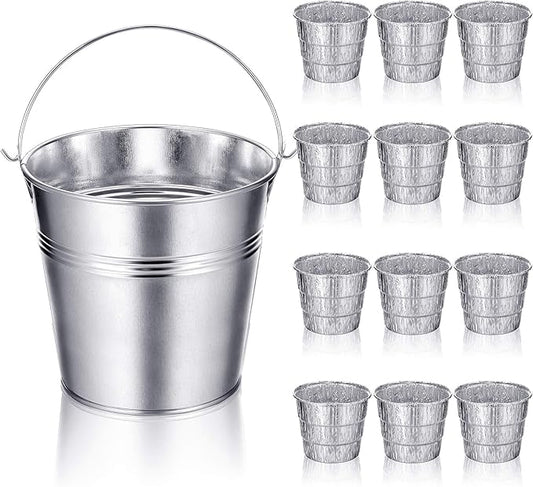 Patelai Drip Grease Bucket Can with 12 Pieces Disposable Foil Pads Grills Bucket Pads Wood Pellet Grills Replacement for Camp Wood Pellet Grill BBQ Accessories (Silver)