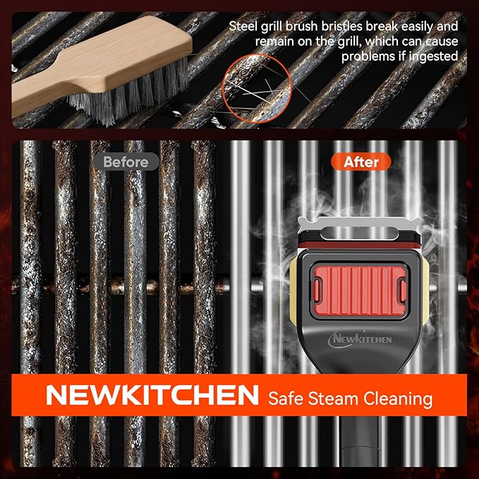 NEWKITCHEN Grill Brush Bristle-Free Steam Replaceable Cleaning Head [No Handle] Heat-Resistant Kevlar Head with Grill Scraper, Safe Barbecue Grill Cleaning Head for All Grill Types