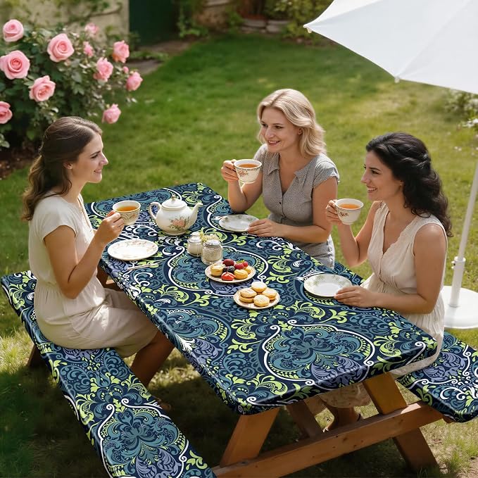 Picnic Table Cover with Bench Covers Windproof Waterproof Picnic Table Covers Camping Tablecloth with Self-Storage Bag, 72in, Boho Blue