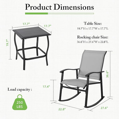 Shintenchi 3 Piece Rocking Bistro Set, Outdoor Furniture with Rocker Chairs and Glass Coffee Table Set of 3, Balcony, Porch Furniture for Small Space, Light Gray