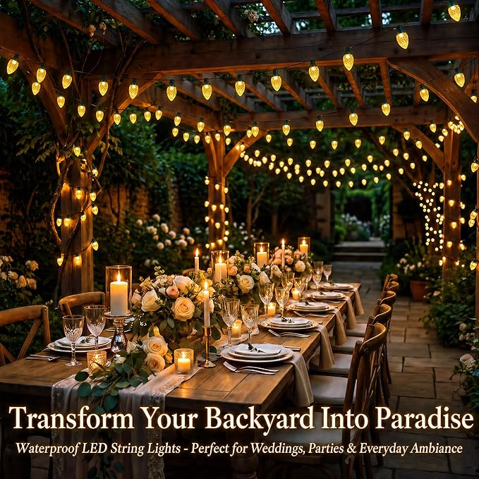 C9 Solar Powered LED Christmas String Lights 50 LED Waterproof Strawberry Light with 8 Mode Green Wire Lighting for Outside Patio Wedding Party Decor