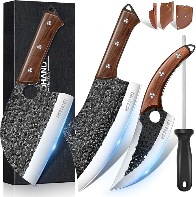 MDHAND Butcher Knife Set, 8PCS Hand Forged Serbian Chef Knife Set, Meat Cleaver Knife for Kitchen, Bone Chopper Knives & Viking Knives for Home & Outdoor Camping BBQ, Gift for Men