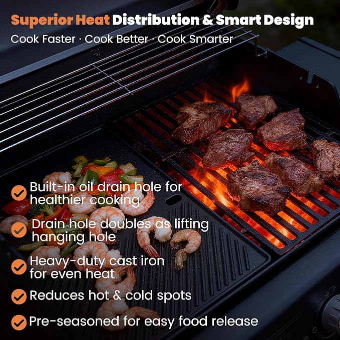 17.5"×11.9" Cast Iron Grill Griddle & Cooking Grates Set - 7598/7638 Replacement for Weber Spirit 300 & Spirit II 300 (E/S-310 · 320 · 330), Genesis Silver/Gold B&C & More Grills