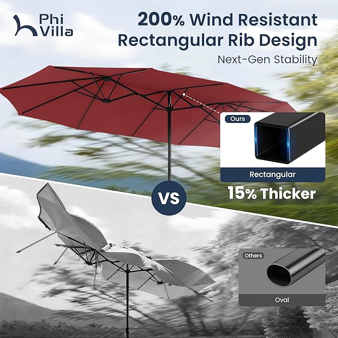 PHI VILLA 13ft Patio Umbrella with Solar-Powered 120 PCS LED Color-Changing Lights, Triple-Head Large Rectangle Umbrella Outdoor Patio for Table with Crank Lift,Dark Red(No Base)