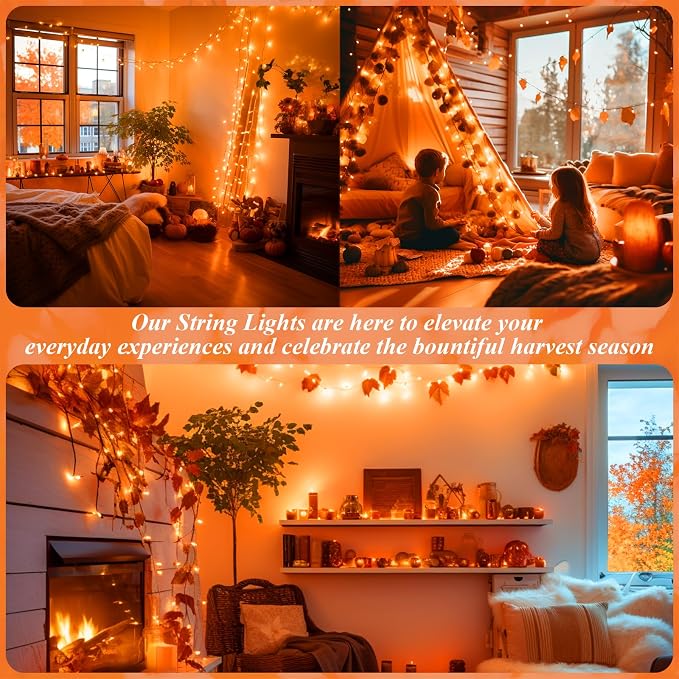 JMEXSUSS 200 LED Orange Halloween String Lights Outdoor Indoor Plug in | Connectable Orange Christmas Lights Clear Wire, Fall Light for Fireplace Tree Garden Patio Thanksgiving Fall Halloween Decor
