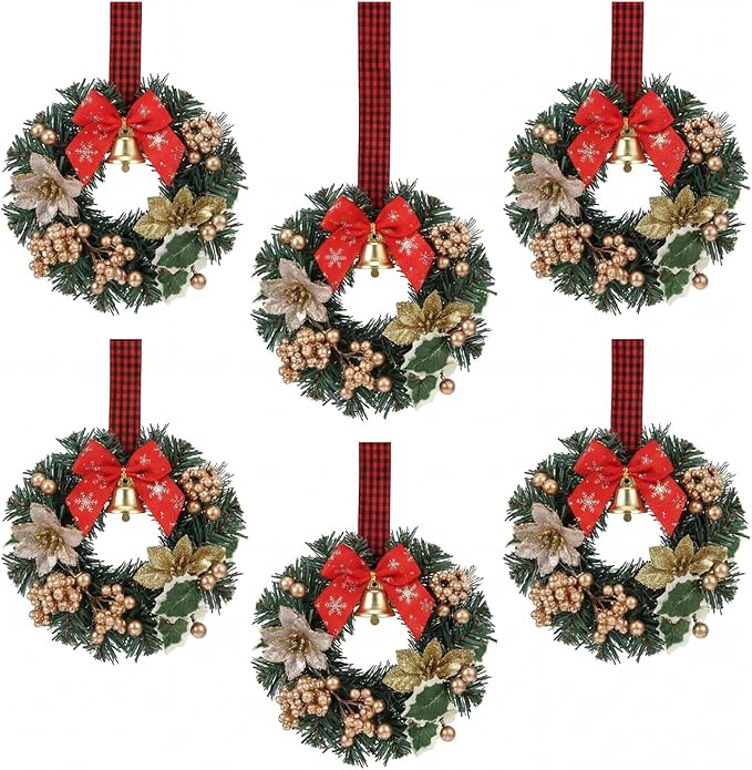 Zeyune 6 Pcs Small Christmas Wreaths for Kitchen Cabinets with Plaid Bow Ribbon Hanging Mini Christmas Cabinet Door Wreaths Decor for Kitchen Window Outdoor Indoor Holiday Decor, 14.96 x 7.87''