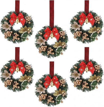 Zeyune 6 Pcs Small Christmas Wreaths for Kitchen Cabinets with Plaid Bow Ribbon Hanging Mini Christmas Cabinet Door Wreaths Decor for Kitchen Window Outdoor Indoor Holiday Decor, 14.96 x 7.87''