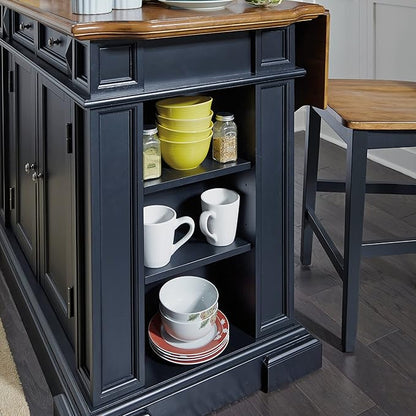 Home Styles Large Kitchen Island Set with Two Matching Stationary Slat back Stools with Antique Black finish and Distressed Oak Top, Extendable Breakfast Bar, Open Storage and Shelves and Drawers