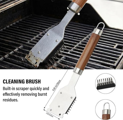 Yekale BBQ Grill Accessories Set, Grill Tools Grilling Accessories Grilling Gifts for Men - Spatula, Fork, Brush, Tongs & Cleaning Brush - Outdoor Barbecue Utensils Gifts for Men Dad Him (Wood)