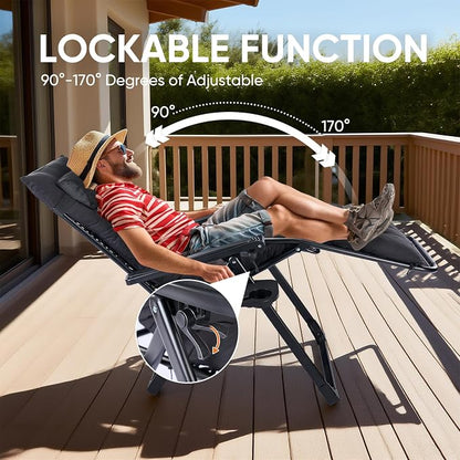 DUMOS Zero Gravity Chairs Set of 2, Lounge Chair Outdoor with Cup Holder | Folding Reclining, Removable Cushion Trays, Beach Camping Patio, Indoor Outside, Black