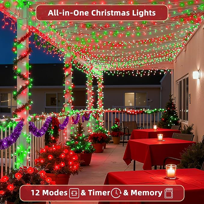 300 LED Outdoor Christmas Lights 75ft, 12 Lighting Modes Indoor String Lights Dimmable & Timer Memory, Outsite Waterproof Tree Lights for Xmas Garden Wedding Party Holiday Decorations Red & Green