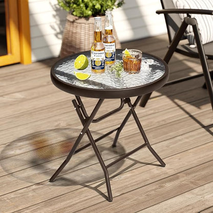 Foldable Side Table with Tempered Glass Top, 2 Pack Brown | 18" Small Patio Side Tables Outdoor for Porch Yard Balcony Deck Lawn Garden