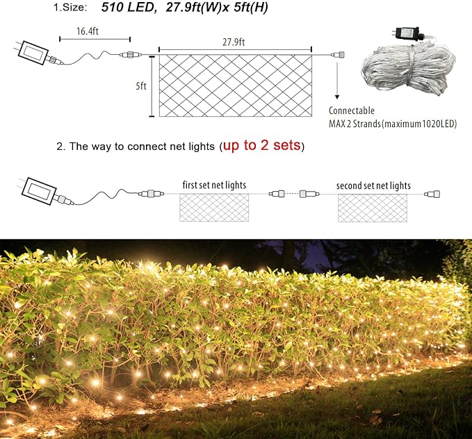 510 LED Christmas Net Lights, 28ft x 5ft Mesh Lights Outdoor Clear Wire 8 modes, Waterproof Connectable String Lights Plug in for Xmas Tree Bushes Garden Holiday Party Decorations - Warm White