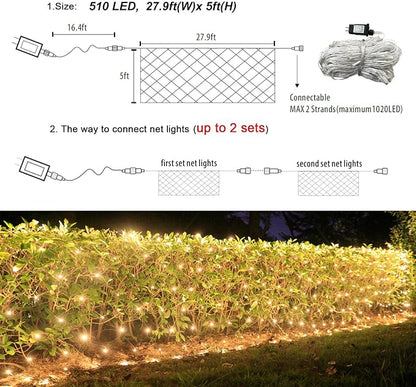 510 LED Christmas Net Lights, 28ft x 5ft Mesh Lights Outdoor Clear Wire 8 modes, Waterproof Connectable String Lights Plug in for Xmas Tree Bushes Garden Holiday Party Decorations - Warm White